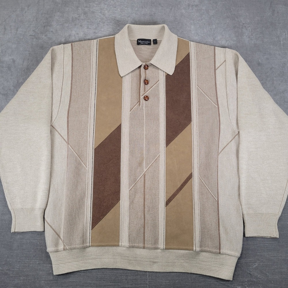 Vintage Marcello Made in Italy Mens Large Suede Trim Polo Knit Sweater
